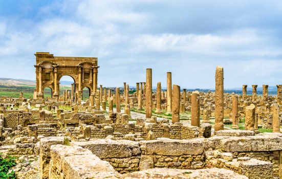 Timgad, ruins of a Roman-Berber city, UNESCO heritage in Algeria.