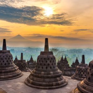 Taman Lumbini park from the height of the temple complex Candi Borobudur at sunrise in the fog. Candi Borobudur, Yogyakarta, Jawa, Indonesia.