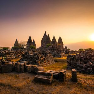 Dramatic and dynamic Sunset at Prambanan Temple of Yogyakarta